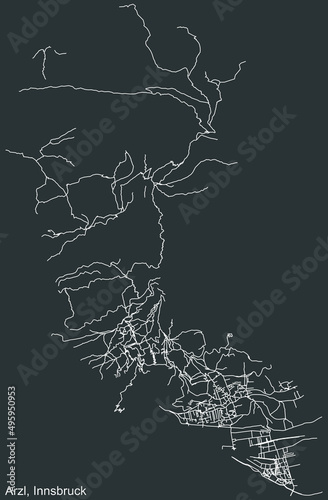 Detailed negative navigation white lines urban street roads map of the ARZL DISTRICT of the Austrian regional capital city of Innsbruck, Austria on dark gray background