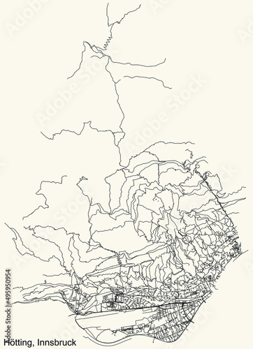 Detailed navigation black lines urban street roads map of the HÖTTING DISTRICT of the Austrian regional capital city of Innsbruck, Austria on vintage beige background