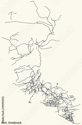 Detailed navigation black lines urban street roads map of the ARZL DISTRICT of the Austrian regional capital city of Innsbruck, Austria on vintage beige background