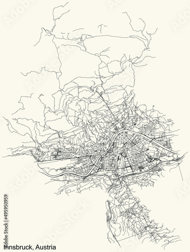 Detailed navigation black lines urban street roads map of the Austrian regional capital city of INNSBRUCK, AUSTRIA on vintage beige background