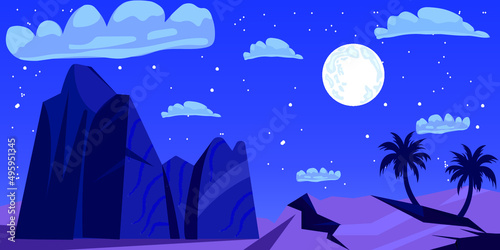 Night desert landscape mexican natural background with cacti rocks and dry deserted land under starry sky with full moon glow twilight picturesque nature parallax scene cartoon vector illustration