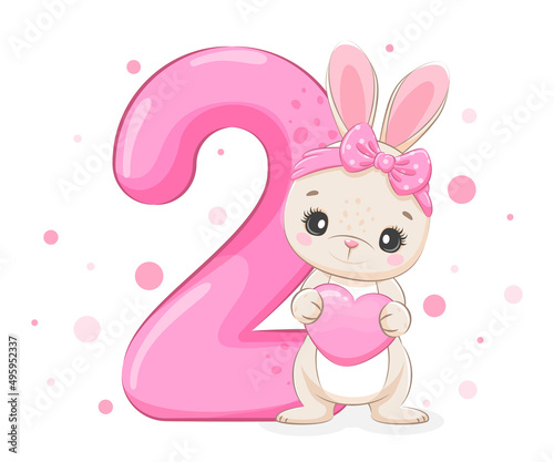 Cartoon illustration "Happy birthday, 2 year", cute bunny. Vector illustration.