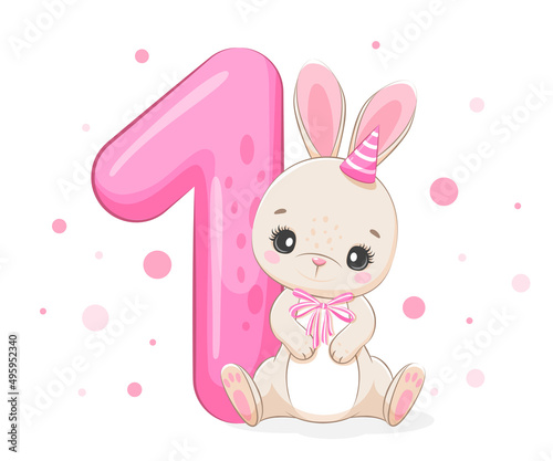 Cartoon illustration "Happy birthday, 1 year", cute bunny. Vector illustration.