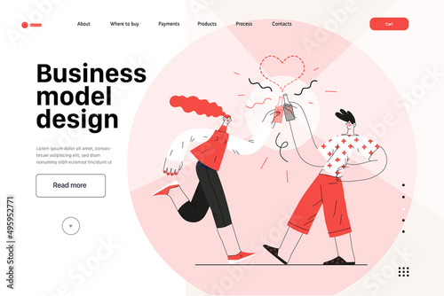 Startup illustration, website landing template Flat line vector modern concept illustration, startup metaphor. Concept of building new business, strategy, company processes. Business model design