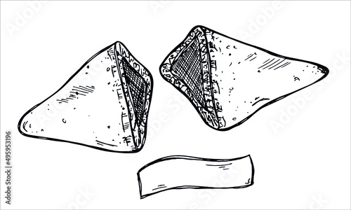 Vector hand drawn chinese fortune cookie isolated on white backgrounds. Food illustration. Crisp cookie with a blank piece of paper inside. For print, web, design, decor, logo.