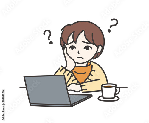パソコンを前にして悩んでいる女の子B【ノートパソコン】