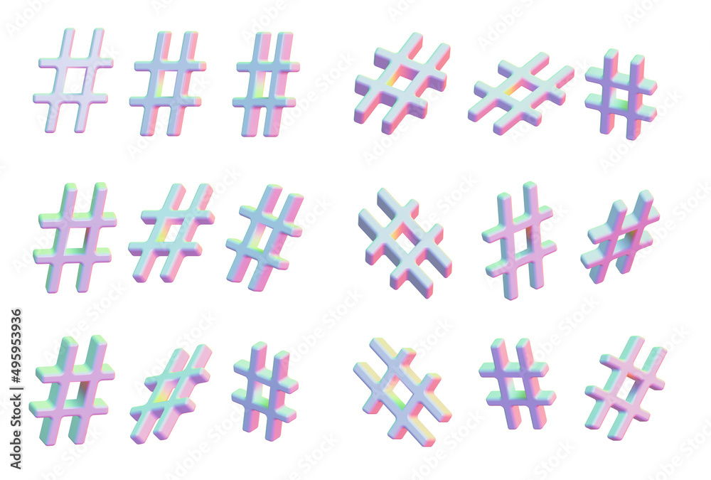 Set of different 3D number sign, sharp, hash, pound sign. Multicolored object isolated on white background. Set of different 3D number sign, sharp, hash, pound sign. Multicolored object isolated on white background.