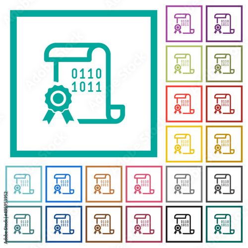 Digital certificate flat color icons with quadrant frames