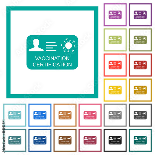 Vaccination certification flat color icons with quadrant frames