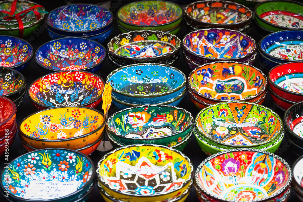 Mediterranean style ceramic bowls displayed at Brick Lane Market in London