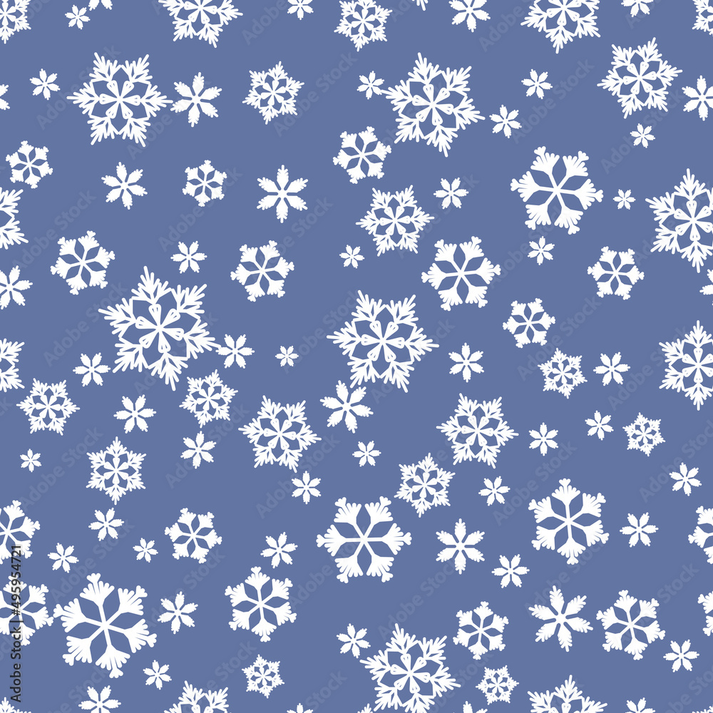 Winter seamless pattern with white snowflakes on blue background. Vector illustration for fabric, textile wallpaper, posters, gift wrapping paper. Christmas vector illustration. Falling snow Winter seamless pattern with white snowflakes on blue background. Vector illustration for fabric, textile wallpaper, posters, gift wrapping paper. Christmas vector illustration. Falling snow