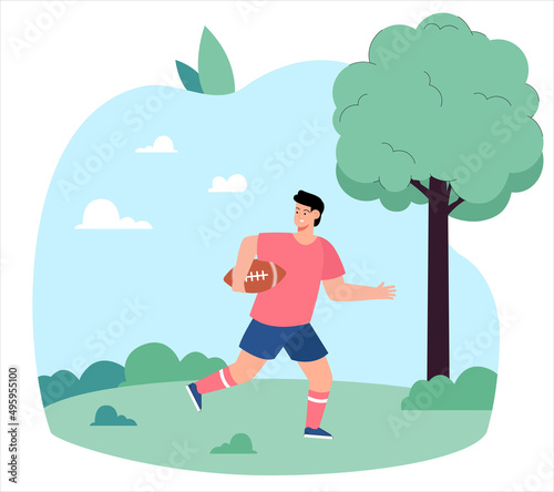 Young boy running through field with rugby ball. Kid cartoon character playing ball game flat vector illustration. Sports, outdoor activity concept for banner, website design or landing web page