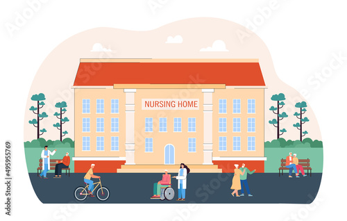 Nursing home exterior with patients, caregivers and visitors. Group of old people with nurses or carers outside building flat vector illustration. Elderly care, health, treatment concept for banner
