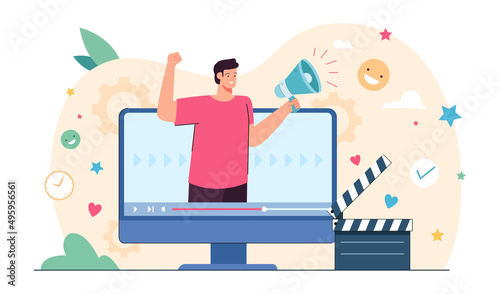 Digital creator advertising business content through video. Man on computer screen flat vector illustration. Marketing, social media or network concept for banner, website design or landing web page