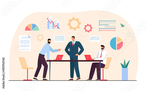 Team of company people working on business project together. Office workers in meeting flat vector illustration. Workflow, teamwork concept for banner, website design or landing web page