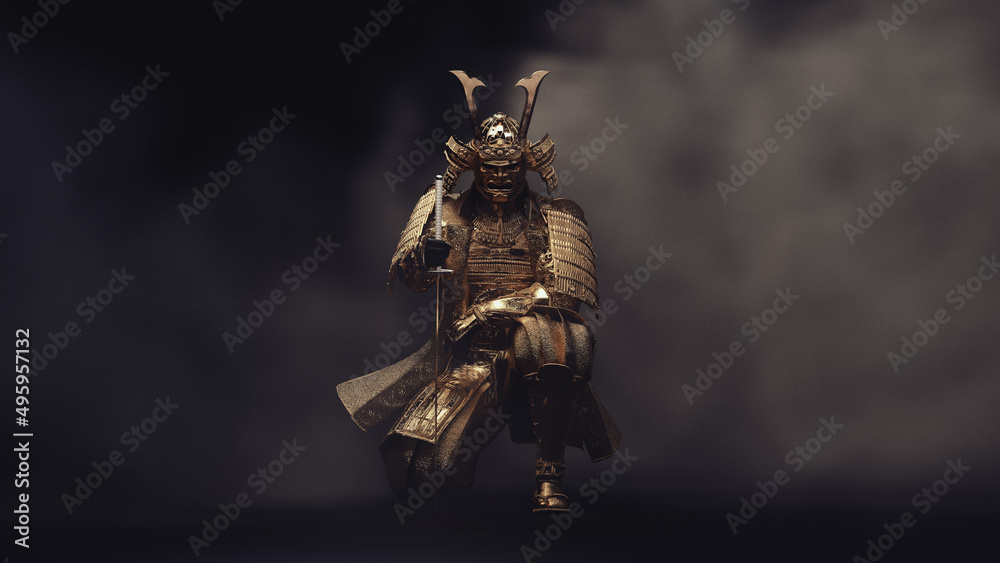 Εκτύπωση καμβά A samurai sits on one knee, wearing golden armor in fog