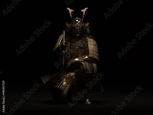 A samurai sits on one knee  wearing golden armor. 3D illustration.