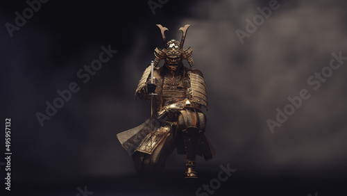 Tela A samurai sits on one knee, wearing golden armor in fog