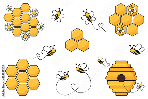 Honeycomb with flying bee cartoon on white background. Vector illustration. Hexagonal  honeycomb with bee and sweet honey inside. Honey icon set. Cute set with bees.