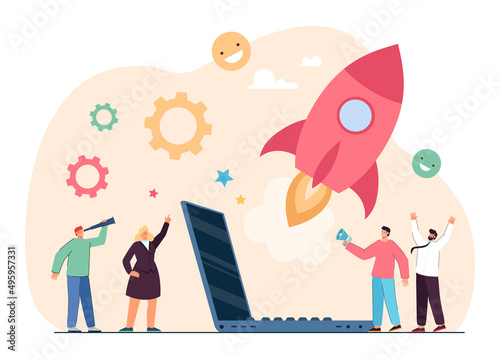 Team of tiny business persons launching rocket together. Company people with innovative idea flat vector illustration. Startup, entrepreneurship, development concept for banner or landing web page