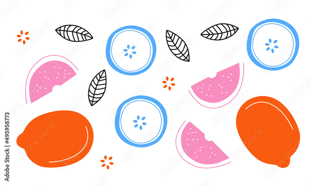 Fruits line drawing art illustration. Vector line drawing of fruit. Minimalist sketch for logo, posters, wall art, healthy concept. Contemporary abstract vector illustration. Colorful abstract fruit