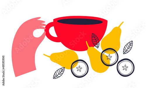 People cooking breakfast vector. Hands holding fruits and muesli. Family Dining. Professional worker on the kitchen. Cartoon breakfast logo vector illustration. EPS10