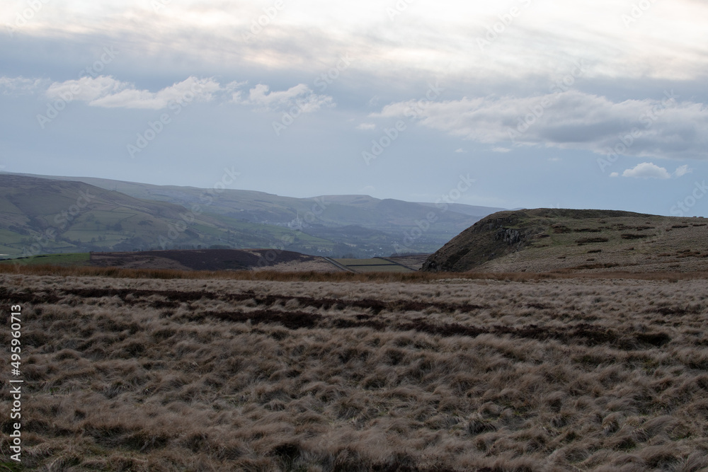 Rocks and hilly scenery of Higger Tor. Natural rock formation in the Peak District, close to Sheffield, UK