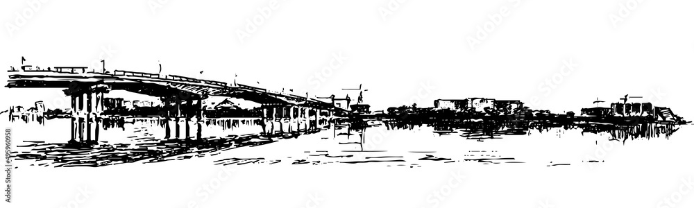 Bridge river and city silhouette in the background. Vector illustration