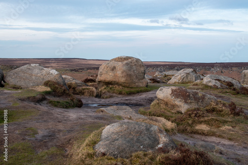 Rocks and hilly scenery of Higger Tor. Natural rock formation in the Peak District, close to Sheffield, UK photo