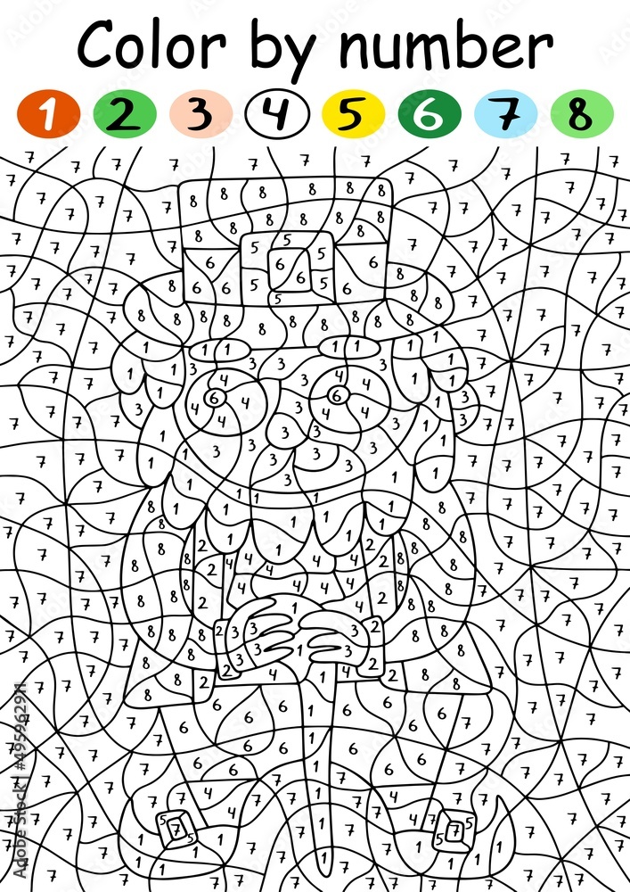 Cartoon leprechaun color by number game vector illustration. Funny