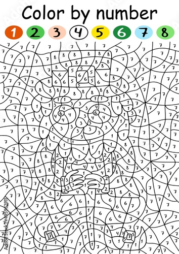 Cartoon leprechaun color by number game vector illustration. Funny coloring page with numbers for St. Patrick's day kids party. Hand-drawn leprechaun color by number - vertical printable worksheet