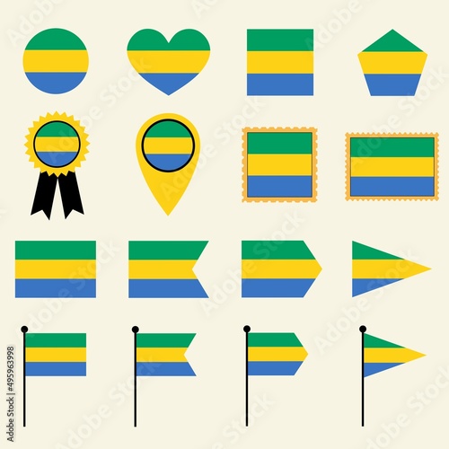 Free Download Gabon flag set in 16 shape versions. Collection of Gabon flag icons with square, circle, heart, triangle, medal, stamp and location shapes. - GFXLoad