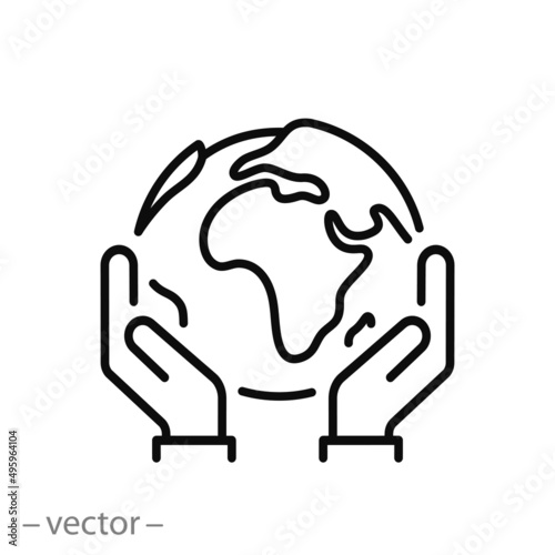 hands holding earth planet icon, world save, globe conservation, community global support, thin line symbol on white background - editable stroke vector illustration