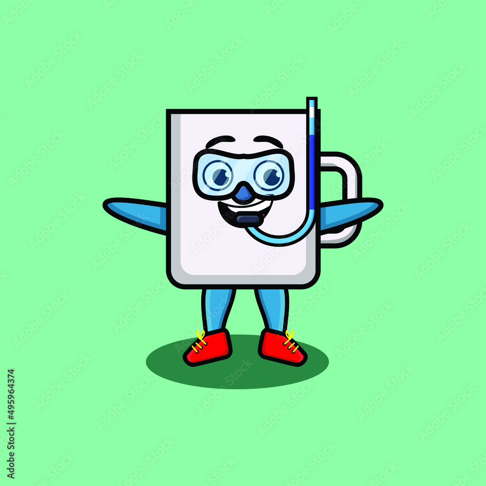 Cute cartoon mug diver with swimming glass in 3d modern style design