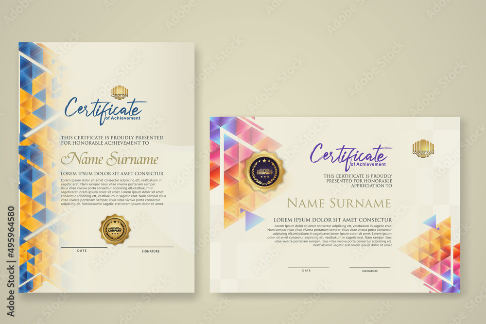 Two set certificate template with dynamic and futuristic polygonal color and modern background.