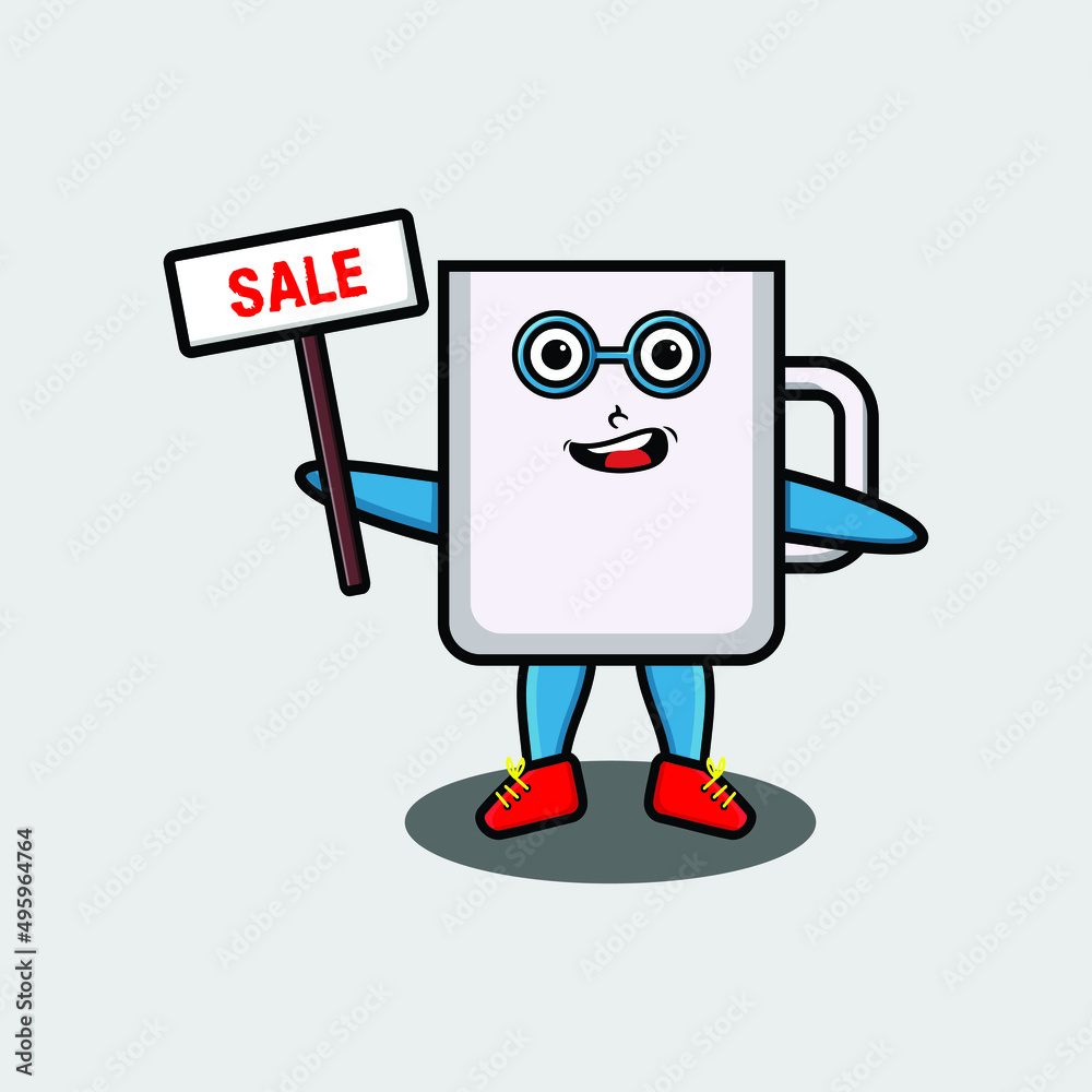 Cute cartoon mug character holding sale sign designs in concept 3d cartoon style Cute cartoon mug character holding sale sign designs in concept 3d cartoon style