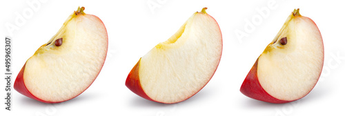 Red apple slice isolated. Set of cut apples on white background. Red appl piece with clipping path. Full depth of field.