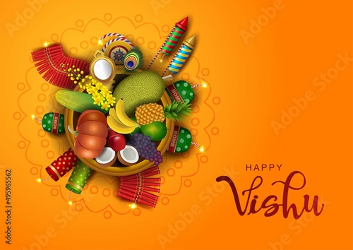 realistic restaurant cutlery2happy vishu greetings. fruits decoration with crackers. vector illustration design photo