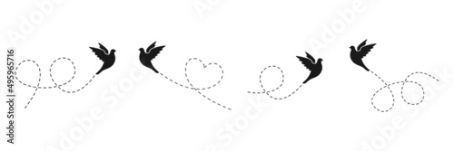Birds set with line dotted route. Flying bird group. Black silhouettes. Vector isolated on white.