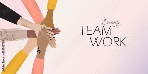 Group of diversity women and girls. Silhouette hands and arms in circle of multicultural woman. female social network community, racial equality, empowerment, connection at work. vector background