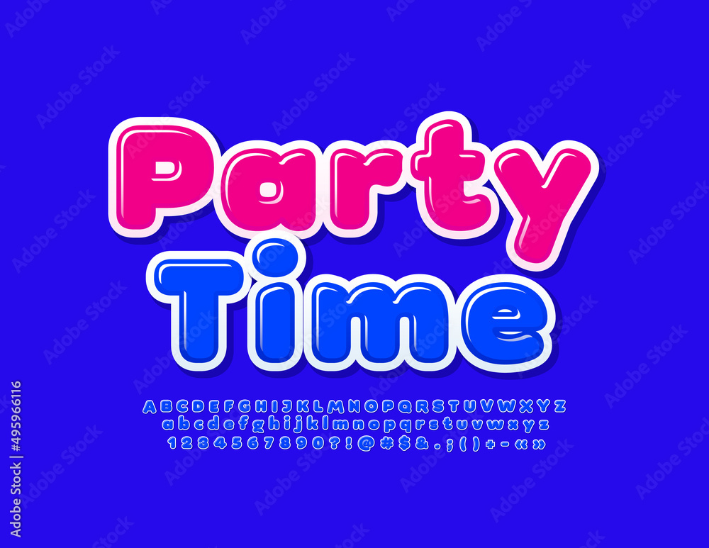 Vector colorful logo Party Time. Trendy Glossy Font. Artistic Alphabet Letters and Numbers
