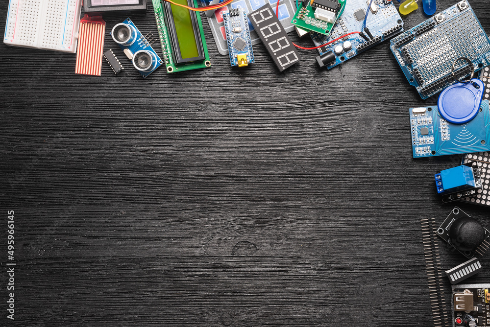 Microprocessor programming concept flat lay background with copy space ...