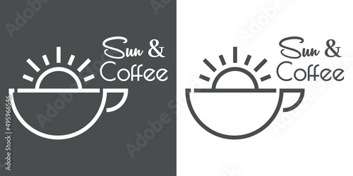 Coffee Shop. Beach bar. Logotipo con texto Sun & Coffee con silueta de sol en taza de café con líneas en fondo gris y fondo blanco