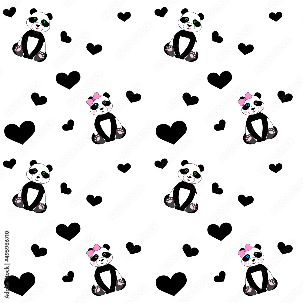 Cute seamless pattern with pandas and hearts. Background for children Cute seamless pattern with pandas and hearts. Background for children