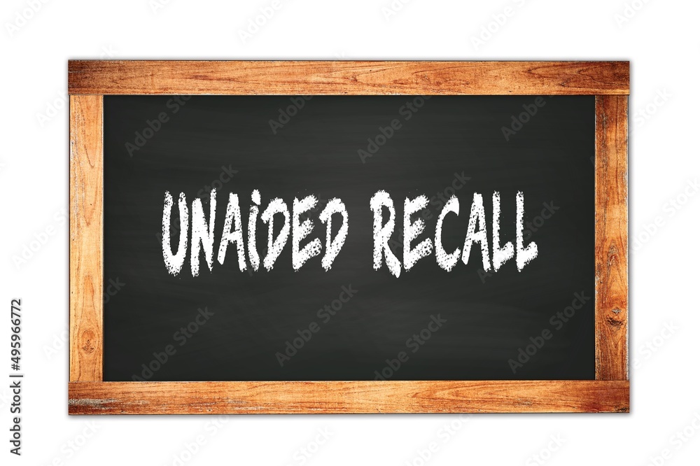 UNAIDED RECALL text written on wooden frame school blackboard. UNAIDED RECALL text written on wooden frame school blackboard.
