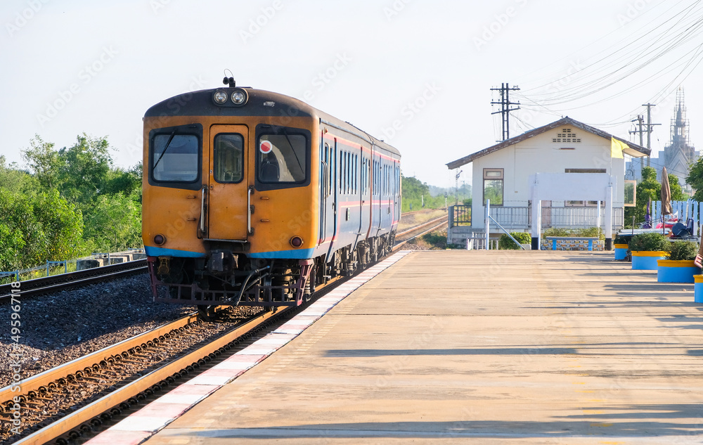 The rear side of the old diesel multiple units of the local train departs from the station. The rear side of the old diesel multiple units of the local train departs from the station.