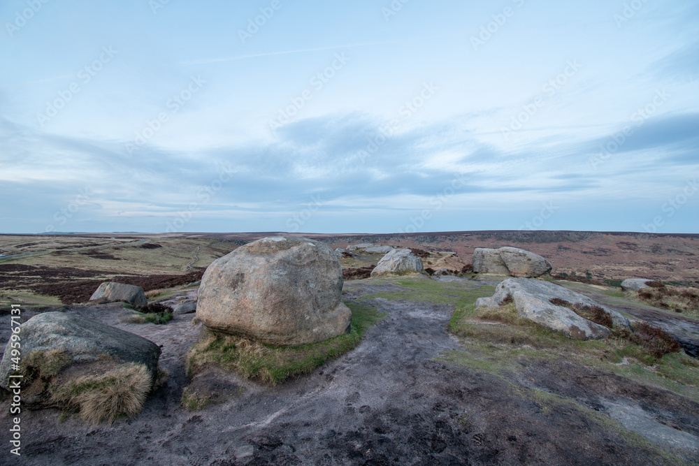 Rocks and hilly scenery of Higger Tor. Natural rock formation in the Peak District, close to Sheffield, UK