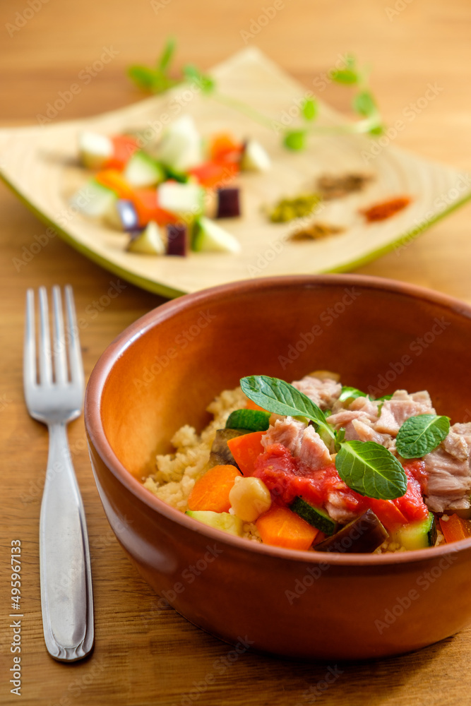 couscous with tuna, peppers, aubergine and courgettes, traditional dish