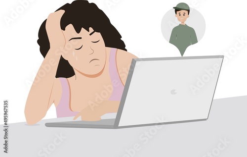 A girl in tears communicates through an online video with a young man. An urgent meeting, a remote date, a video call with a conscript, a military man. Communication with relatives in wartime.