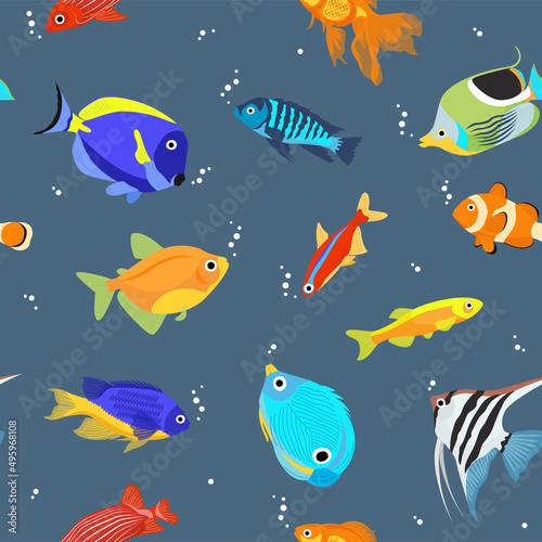 Seamless pattern of freshwater aquarium cartoon fish. Varieties of decorative popular colored fish. Vector flat illustration